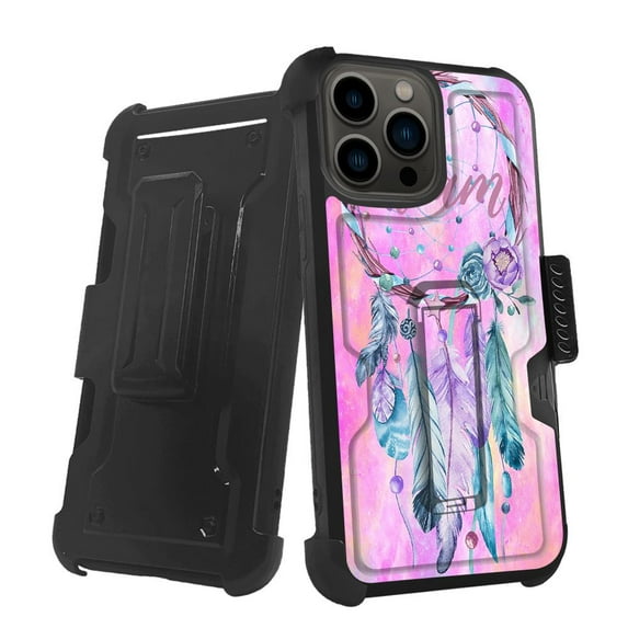 ANJ+ Rugged Shockproof Holster Case w/Card Slot, Kickstand + Tempered Glass for iPhone 13 Pro (6.1") - Pink Dreamcatcher