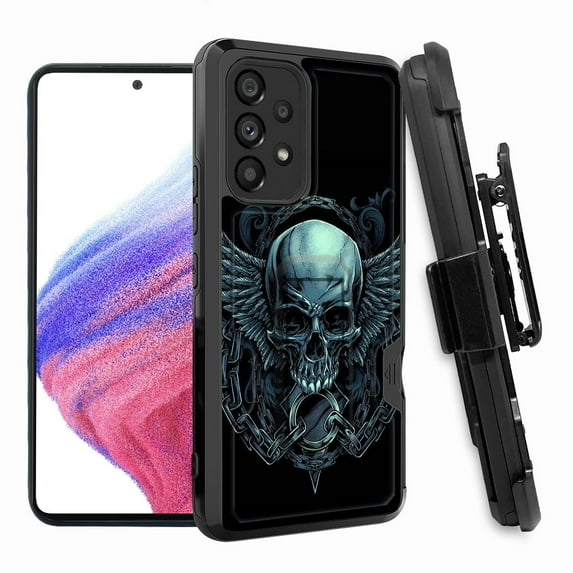 ANJ+ Rugged Shockproof Hoster Case w/Card Slot, Kickstand + Tempered Glass Cover for Samsung Galaxy A33 5G - Chained Skull