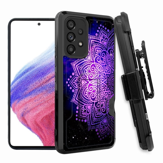 ANJ+ Rugged Shockproof Hoster Case w/Card Slot, Kickstand + Tempered Glass Cover for Samsung Galaxy A33 5G - Purple Galaxy Mandala
