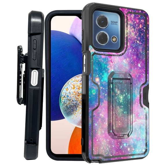 ANJ+ Rugged Shockproof Kickstand Hybrid Case with Card Slot and Holster + Tempered Glass Cover for Motorola Moto G Stylus 5G (2023) - Dream Galaxy