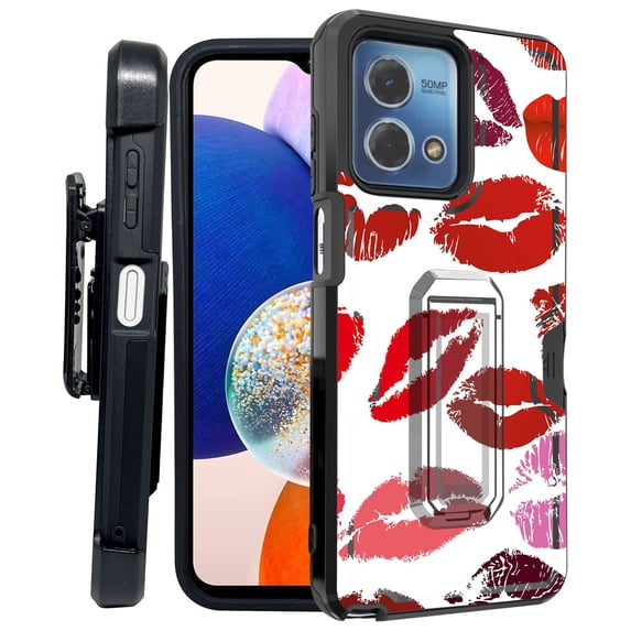 ANJ+ Rugged Shockproof Kickstand Hybrid Case with Card Slot and Holster + Tempered Glass Cover for Motorola Moto G Stylus 5G (2023) - Red Hot Lips