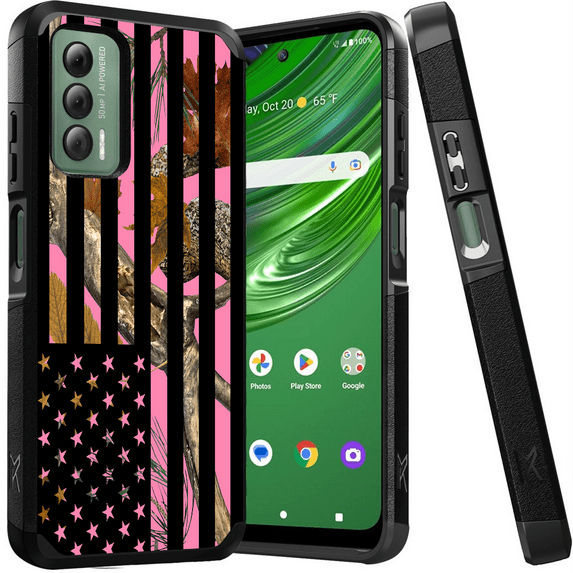 ANJ+ Shockproof Dual Layer Slim Hard Case + Tempered Glass Cover Compatible with Cricket Outlast, AT&T Jetmore - American Pink Tree Camo