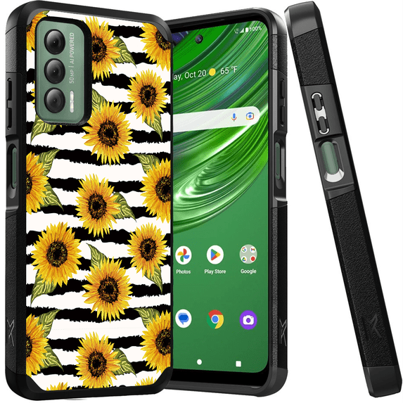 ANJ+ Shockproof Dual Layer Slim Hard Case + Tempered Glass Cover Compatible with Cricket Outlast, AT&T Jetmore - Classic Sunflowers 2
