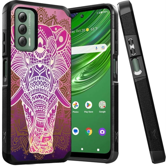 ANJ+ Shockproof Dual Layer Slim Hard Case + Tempered Glass Cover Compatible with Cricket Outlast, AT&T Jetmore - Pink Mandala Elephant
