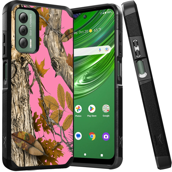 ANJ+ Shockproof Dual Layer Slim Hard Case + Tempered Glass Cover Compatible with Cricket Outlast, AT&T Jetmore - Pink Tree Camo