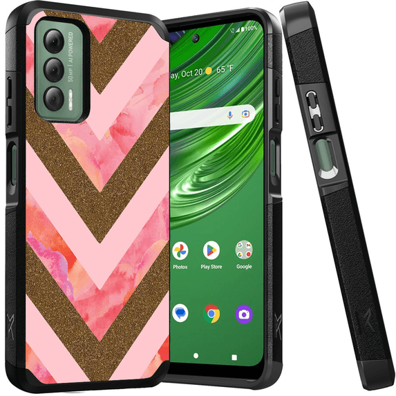 ANJ+ Shockproof Dual Layer Slim Hard Case + Tempered Glass Cover Compatible with Cricket Outlast, AT&T Jetmore - Rose Gold Chevron