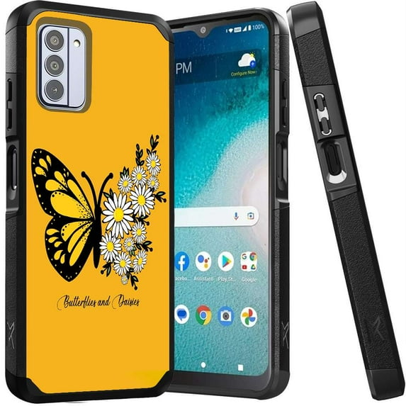 ANJ+ Shockproof Dual Layer Slim Hard Case + Tempered Glass Cover Compatible with Nokia C300 - Butterfly Daisy