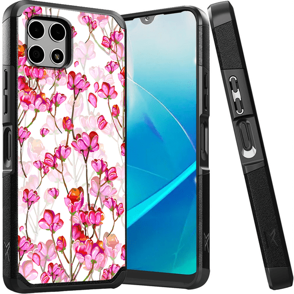 ANJ+ Shockproof Dual Layer Slim Hard Case + Tempered Glass Cover Compatible with T-Mobile REVVL 7 5G - Pink Floral