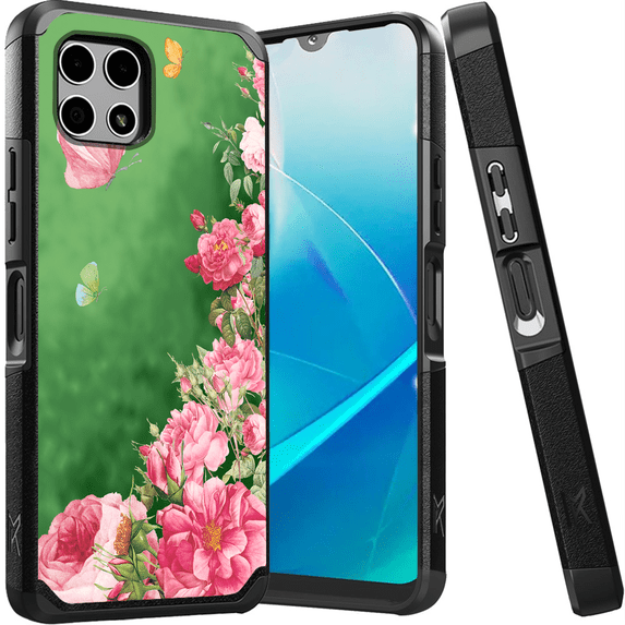 ANJ+ Shockproof Dual Layer Slim Hard Case + Tempered Glass Cover Compatible with T-Mobile REVVL 7 5G - Roses Garden
