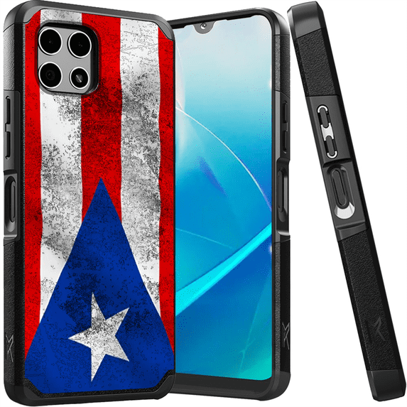 ANJ+ Shockproof Dual Layer Slim Hard Case + Tempered Glass Cover Compatible with T-Mobile REVVL 7 5G - Vintage Puerto Rico Flag