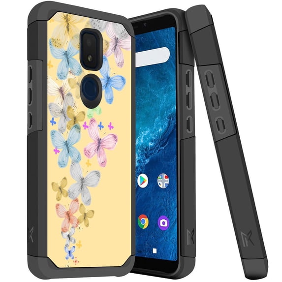 ANJ+ Slim Dual Layer Hybrid Shockproof Case + Tempered Glass Cover for Cricket Icon 3, Splendor, AT&T Motivate 2 - Colorful Butterfly Delight