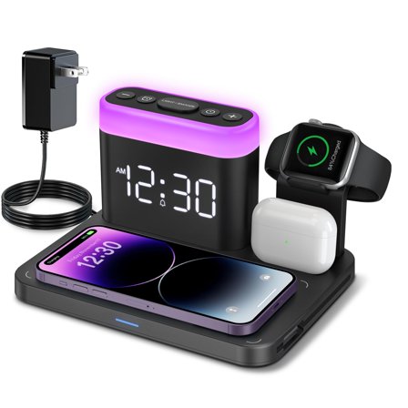 ANJANK Wireless Charging Station,5 in 1 Multiple Charger Stand with Alarm Clock,7 Night Light,Mag-Safe Charging Dock for iPhone 17 16 15 14 13 12 Pro Max Plus,Apple Watch 11/10/9/8,for Airpods,Bedroo