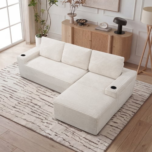 ANJIESENG 104" Cloud Sectional Sofa with Chaise, Modular L-Shaped Corduroy Couch, Deep Seat 4-Seater Sofa with Cup Holders and Storage Pockets, No Assembly Required, Cream White