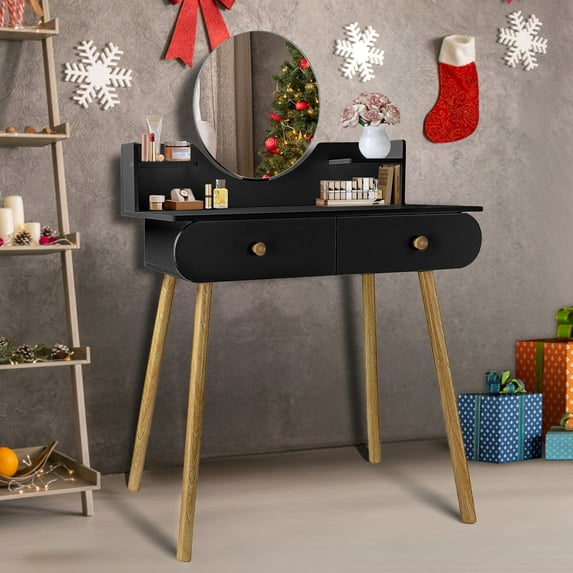 ANJORALA 2 Drawers Vanity Table Set Modern Vanity Desk with Mirror Dressing Table with 2 Shelves, Black