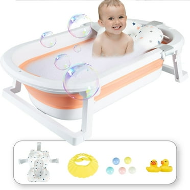 ANJORALA Foldable Baby Bath Tub with Toys, Portable Newborn Infant Bathtub, Pink Floating Mat