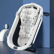 ANJORALA 31in Folding Baby Bath Tub, Portable Baby Bathtub with Anti Slip Bath Seat, Shower Tub Blue+Floating Mat