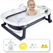 ANJORALA 31in Folding Baby Bath Tub, Portable Baby Bathtub with Anti Slip Bath Seat, Shower Tub Blue+Floating Mat
