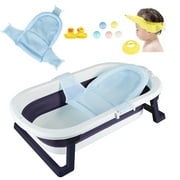 ANJORALA 31in Folding Baby Bath Tub, Portable Baby Bathtub with Anti Slip Bath Seat, Shower Tub Blue+Net