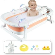 ANJORALA 31in Folding Baby Bath Tub, Baby Bathtub with Anti Slip Bath Seat, Unisex, Pink+Floating Mat