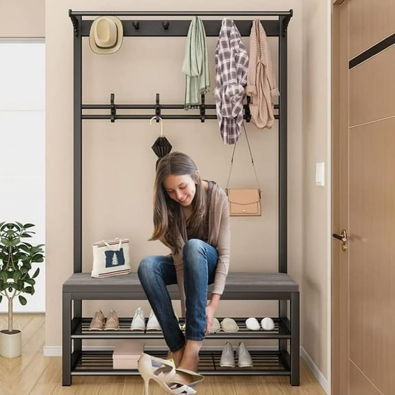 ANJORALA 4-in-1 Coat Rack with Bench, Industrial Entryway Hall Tree with 2 Tier Shoe Rack,Black