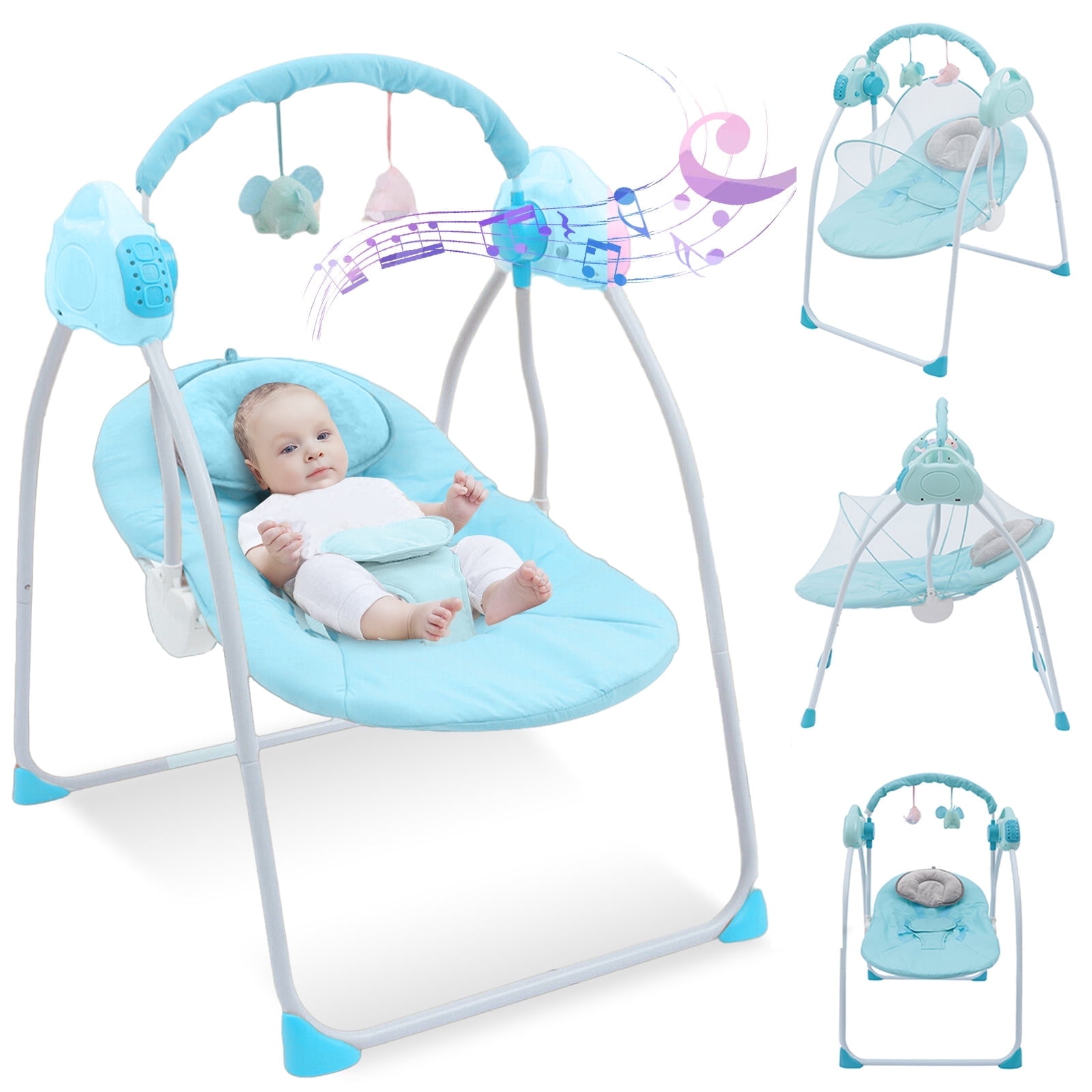 ANJORALA Baby Swings for Infants Toddler, Portable Newborn Swing Bouncer, Bluetooth(Blue)