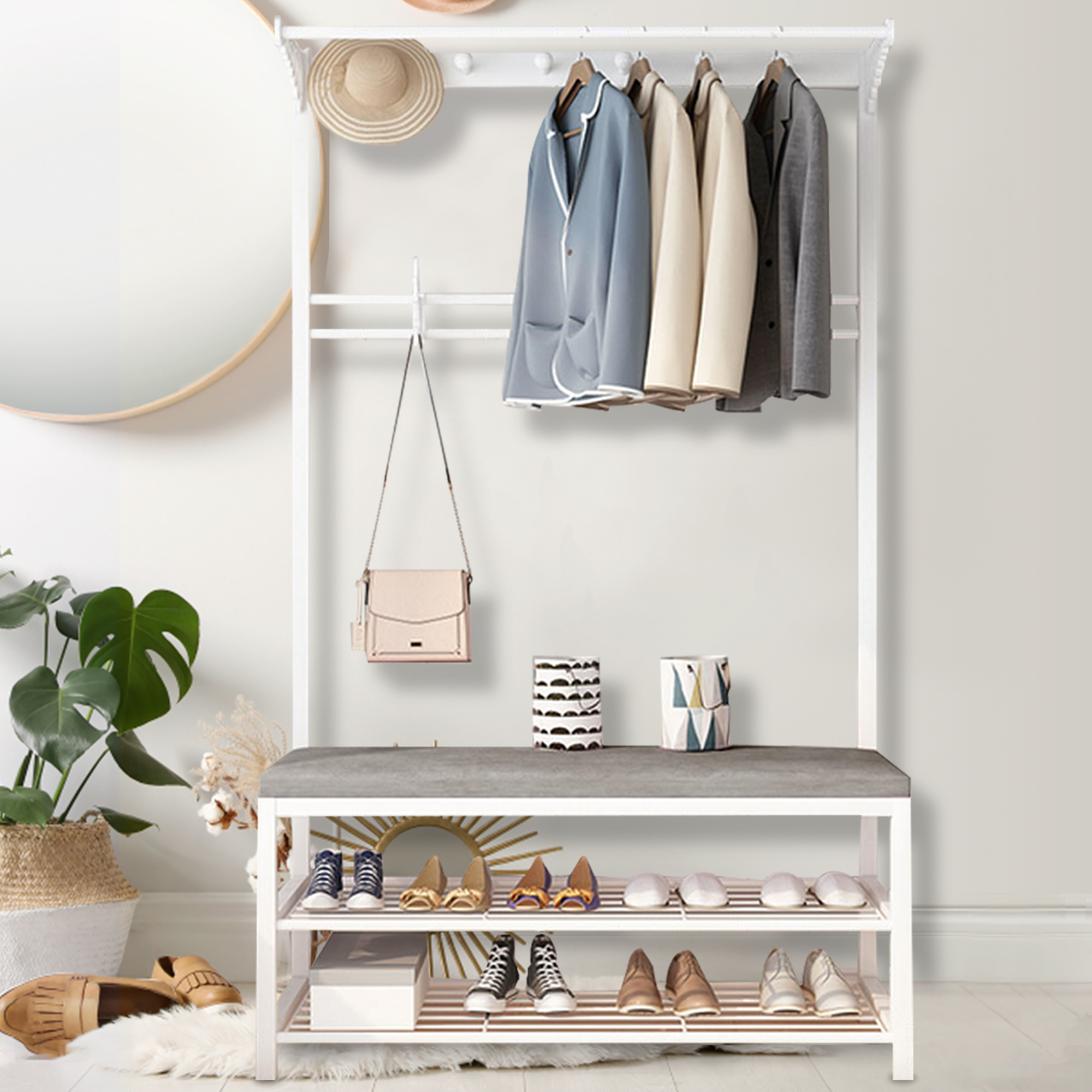 ANJORALA Coat Rack Entryway Hall Tree with Shoe Storage Bench, 3Tier