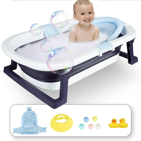 ANJORALA Foldable Baby Bath Tub with Toys, Portable Newborn Infant Bathtub, Blue+Net