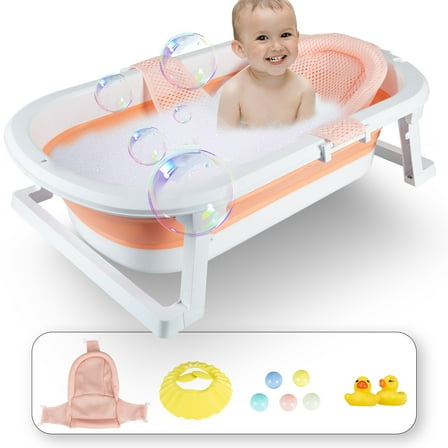 ANJORALA Foldable Baby Bath Tub with Toys, Portable Newborn Infant Bathtub, Pink+Net