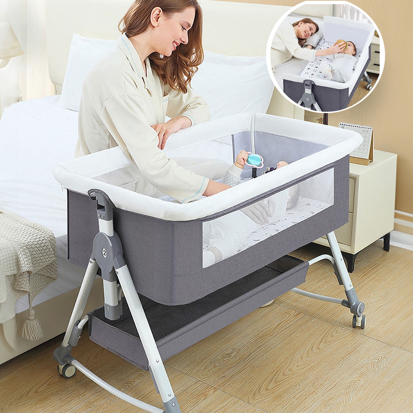 ANJORALA Folding Baby Infant Bedside Crib with Wheels and