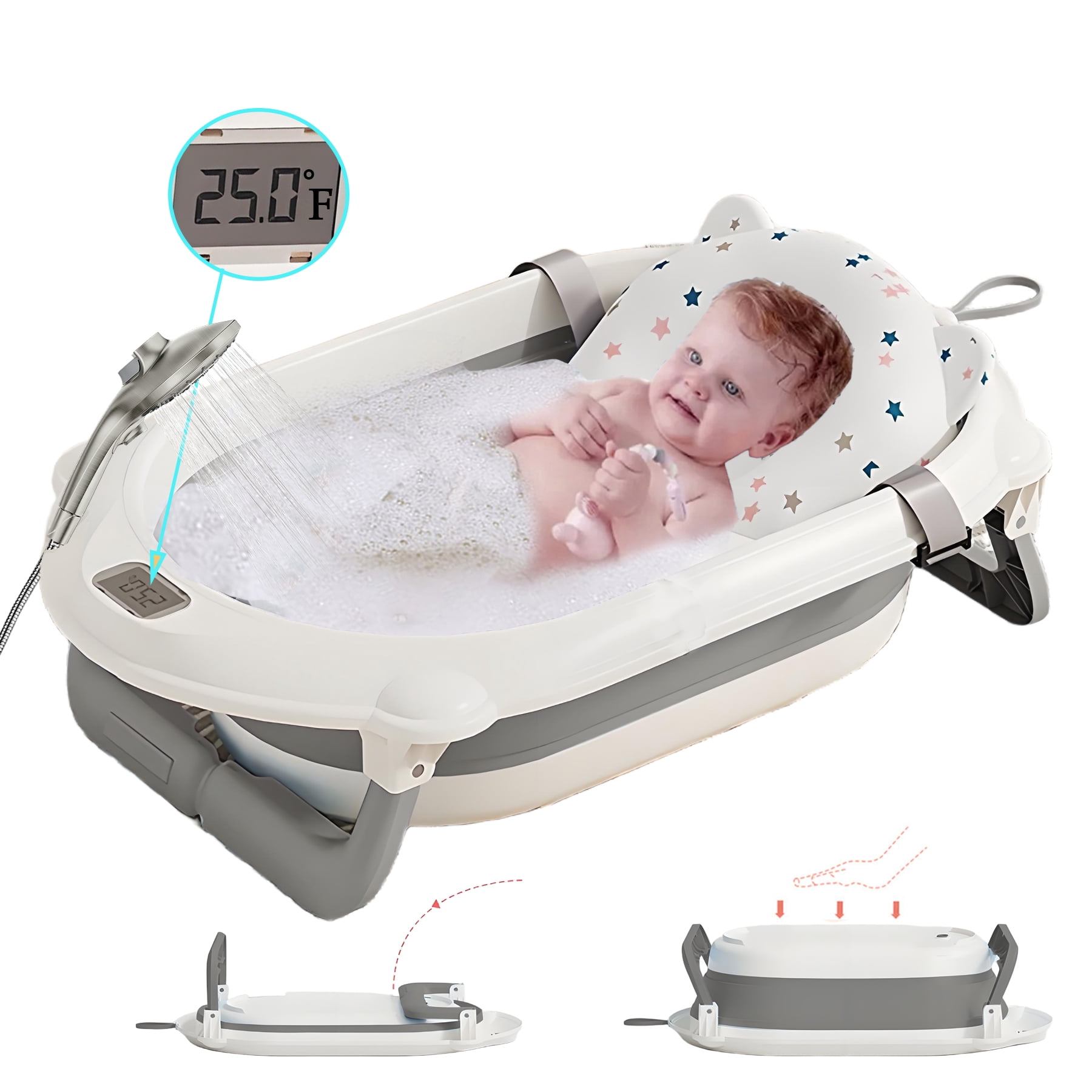 AJONALAA Folding Baby Bathtub with Real-Time Temperature & Showerhead