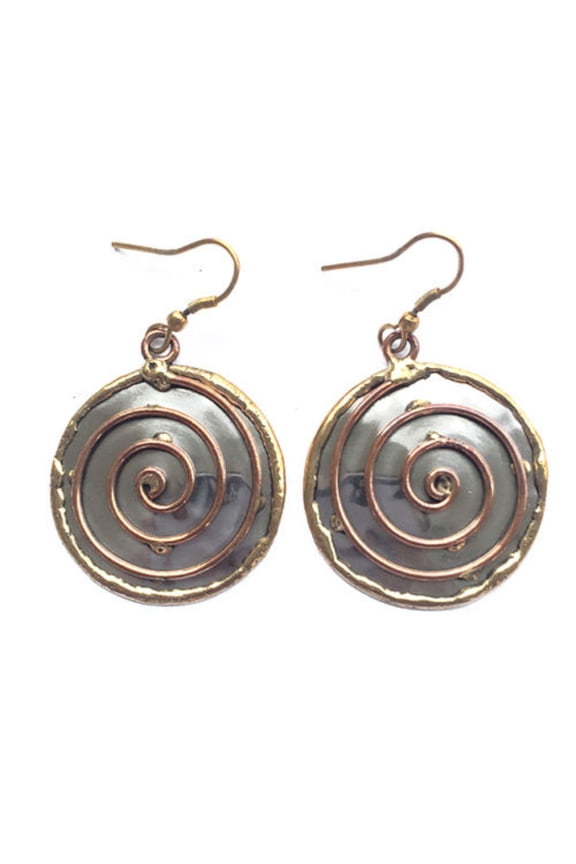 ANJU Goldtone and Coppertone Circle Swirl Hammered Silvertone Hook Earrings E122