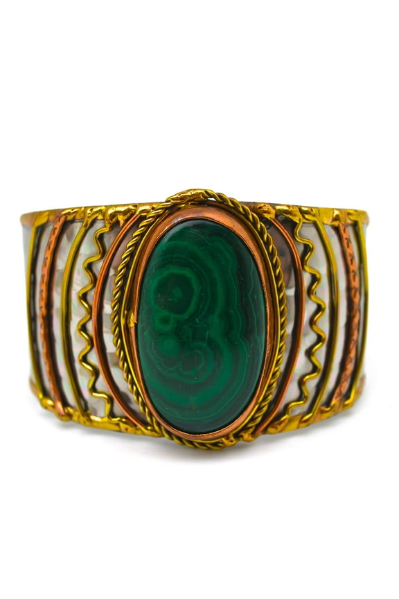 Janya Collection Mixed Metal Cuff Bracelet - Malachite Stone