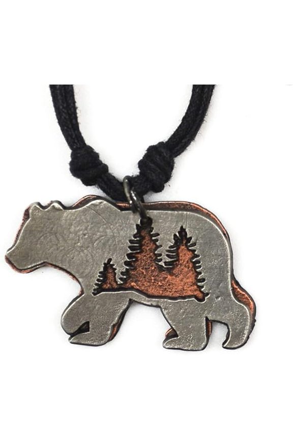 Pewter Cotton Cord Necklace - Bear with Pine Trees