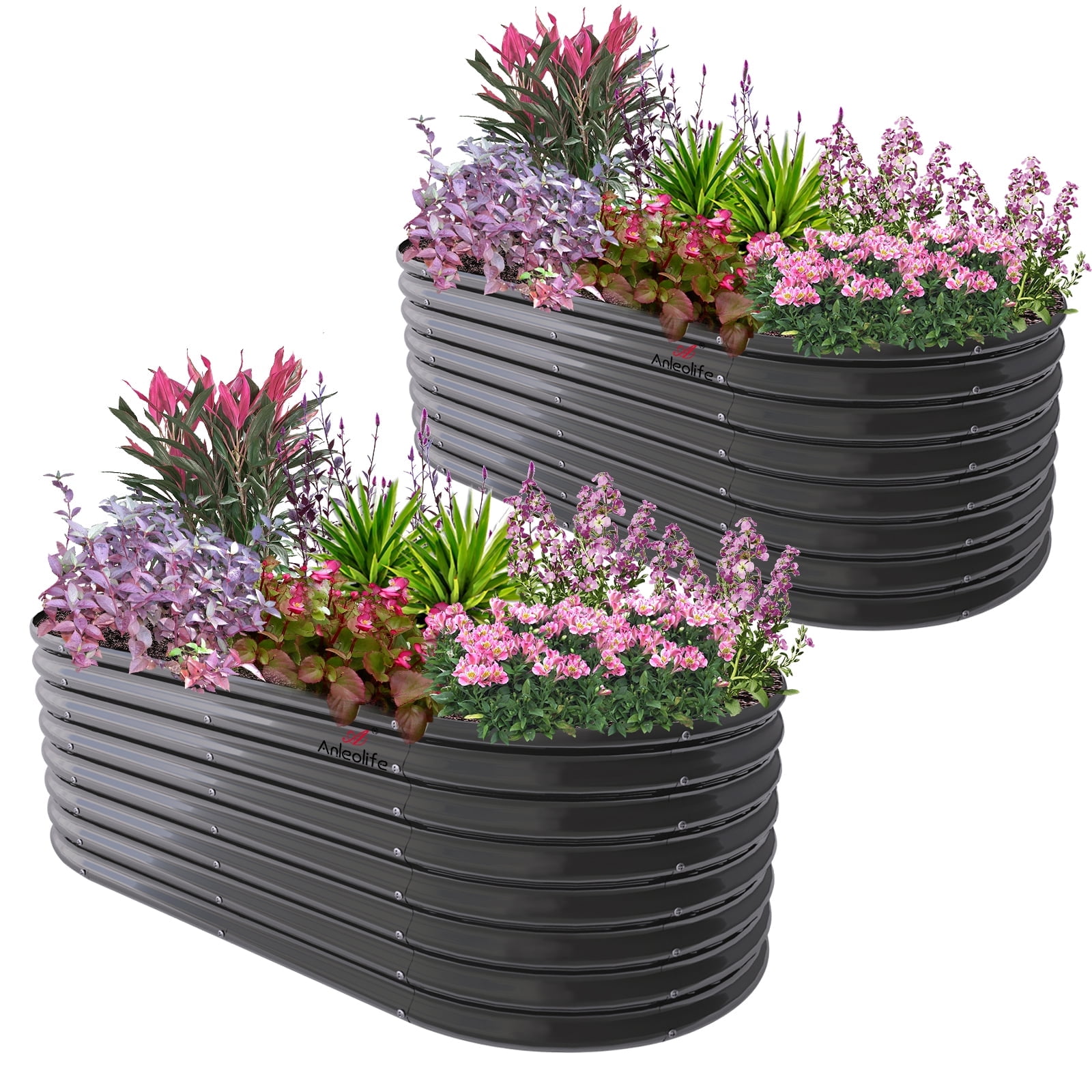 ANLEOLIFE 2 PACK 8x4x2 ft Galvanized Raised Garden Bed Kit, Oval Metal Deep Root Planters Large Bottomless, 478 Gallon Capacity, Quartz Grey