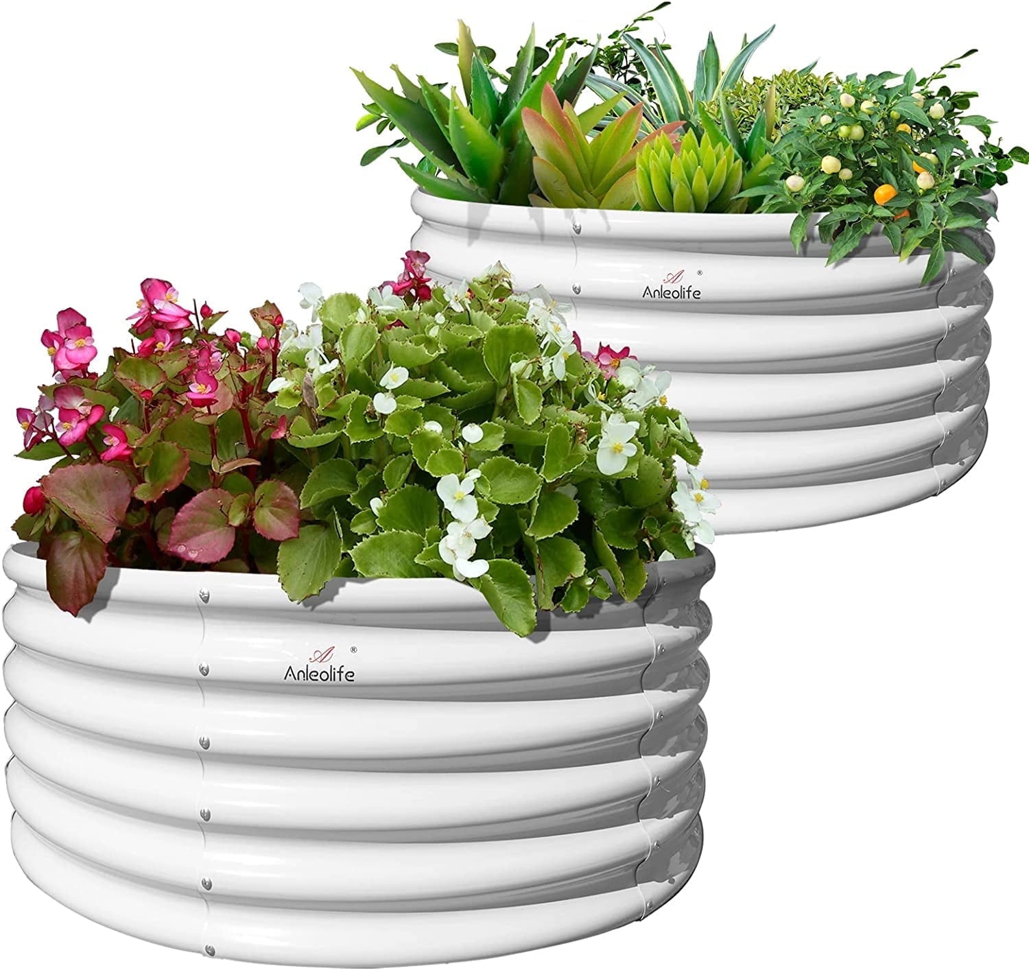 ANLEOLIFE 2-Pack 4ft x 18” Tall Galvanized Raised Garden Beds Outdoor, Round Metal Planter Box for Planting Vegetables Flowers Herb, Anti-Rust, Antique White