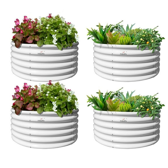 ANLEOLIFE 4-Pack 4ft x 18” Tall Galvanized Raised Garden Beds Outdoor, Round Metal Planter Box for Planting Vegetables Flowers Herb, Anti-Rust, Antique White