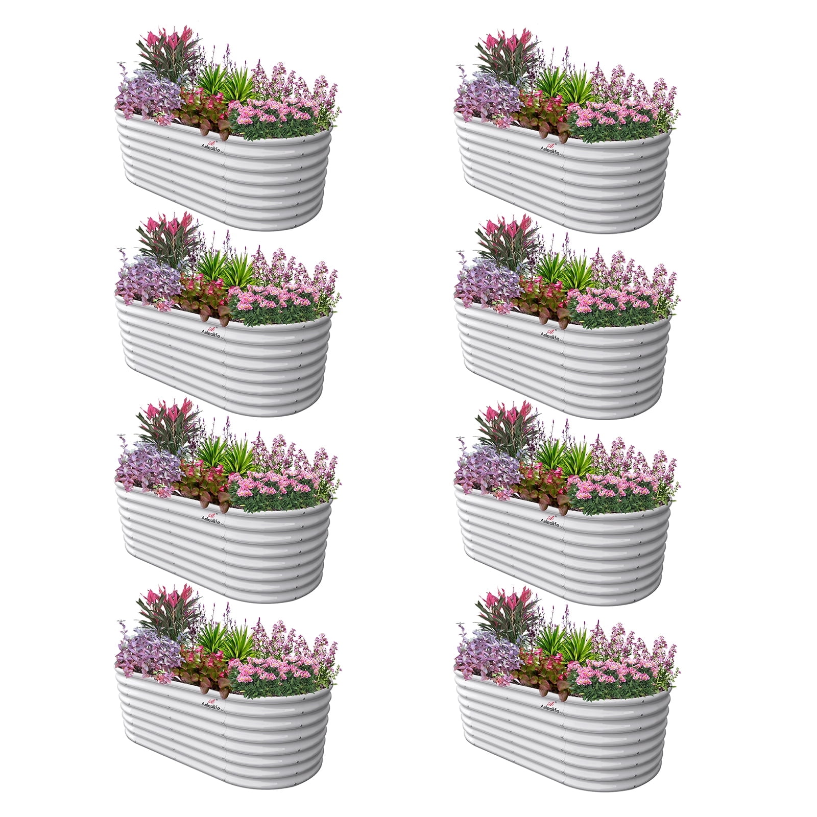 ANLEOLIFE 8 PACK8x4x2 ft Galvanized Raised Garden Bed Kit, Oval Metal Deep Root Planters Large Bottomless, 478 Gallon Capacity, Antique White