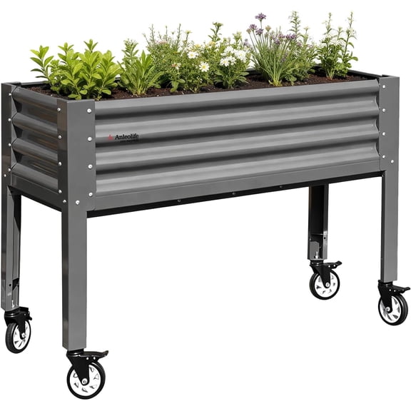 A ANLEOLIFE Elevated Raised Garden Bed with Lockable Wheels, 48x18x35 in Galvanized Steel Planter Box with Legs, Waist-High Design, Reinforced Frame for Balcony, Patio & Porch, Quartz Grey