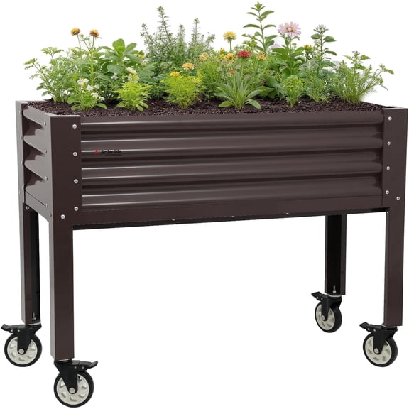 A ANLEOLIFE Galvanized Raised Garden Bed with Legs, 48x18x35in Elevated Planter Box on Wheels with Drainage Holes for Backyard, Balcony, Patio, 540lb Capacity, CaféBronze