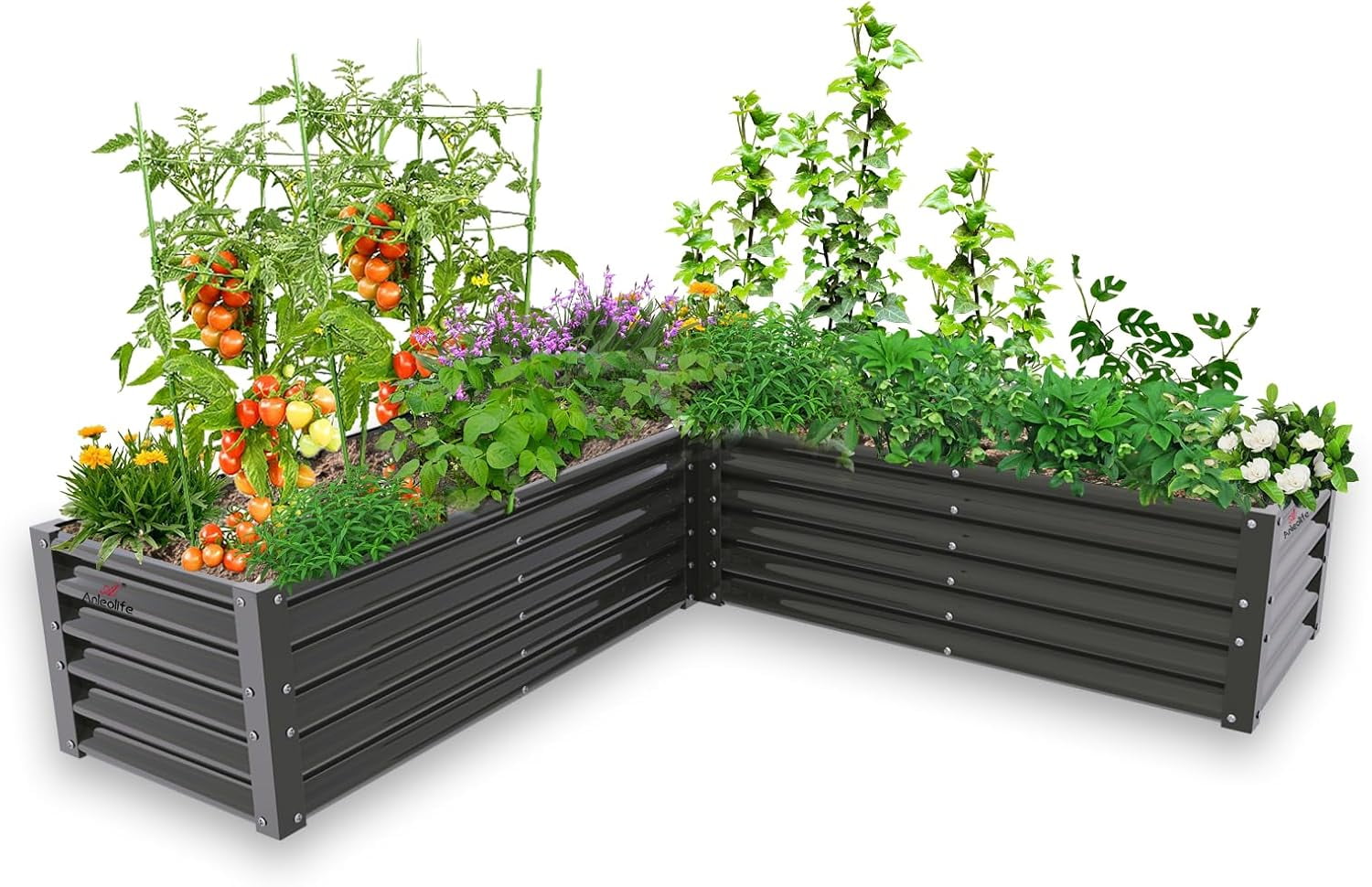 ANLEOLIFE L-Shaped Galvanized Raised Garden Beds Outdoor,74x74x18in Large Metal Planter Box for Planting Vegetables Flowers Herb, Anti-Rust & Easy-Setup, White