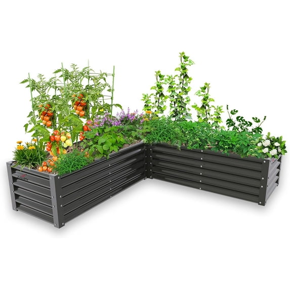 ANLEOLIFE L-Shaped Galvanized Raised Garden Beds Outdoor,74x74x18in Large Metal Planter Box for Planting Vegetables Flowers Herb, Anti-Rust & Easy-Setup, White
