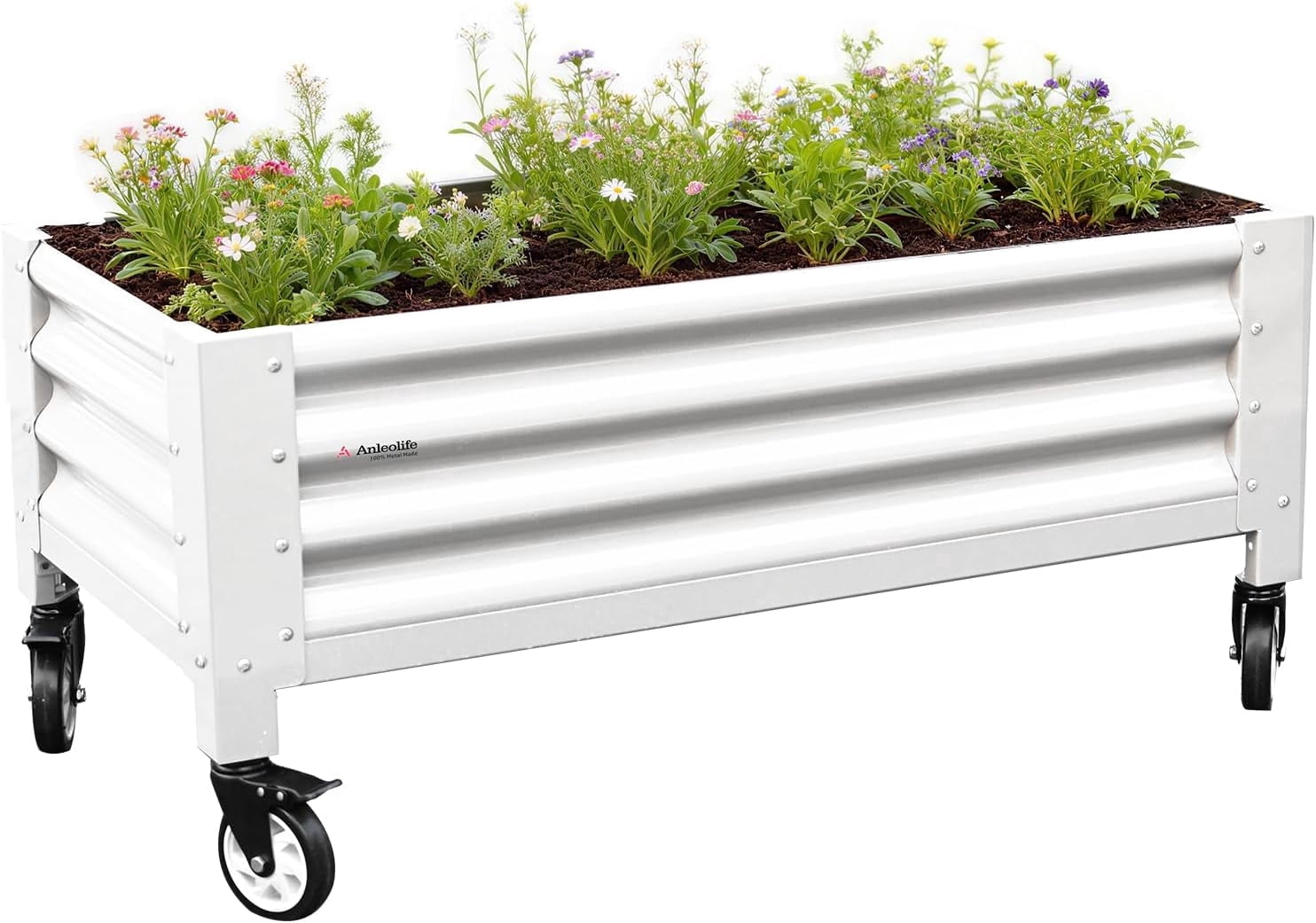 A ANLEOLIFE Low Profile Elevated Garden Bed 4ft x 2ft - 22in Raised Planter Box with Legs with Stainless Steel Caster, Extra Spacious for Gardening Vegetables Flowers, 600lb Capacity, Antique White