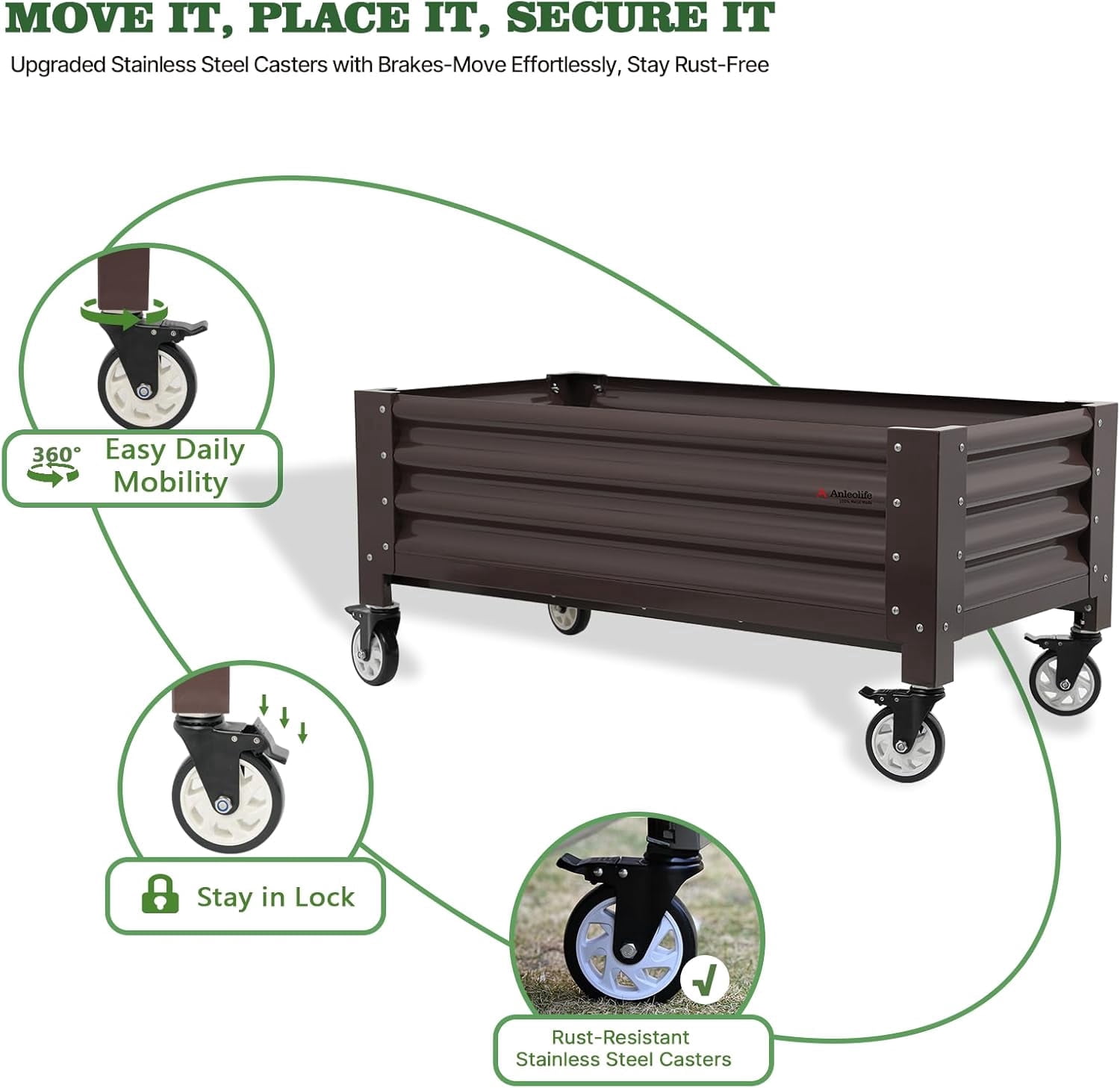 A ANLEOLIFE Low Profile Elevated Garden Bed 4ft x 2ft - 22in Raised Planter Box with Legs with Stainless Steel Casters, Extra Spacious for Balcony, Patio, 600lb Capacity, CaféBronze