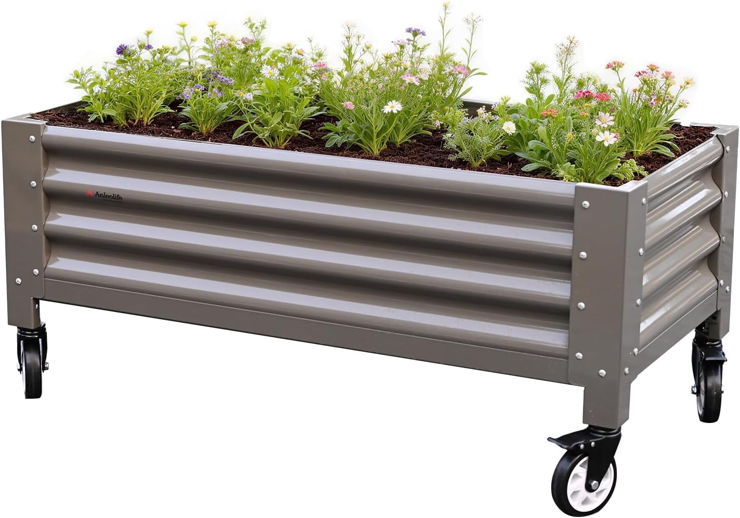 A ANLEOLIFE Low Profile Elevated Garden Bed 4ft x 2ft - 22in Raised Planter Box with Legs with Stainless Steel Casters, Extra Spacious for Balcony, Patio, 600lb Capacity, Quartz Grey