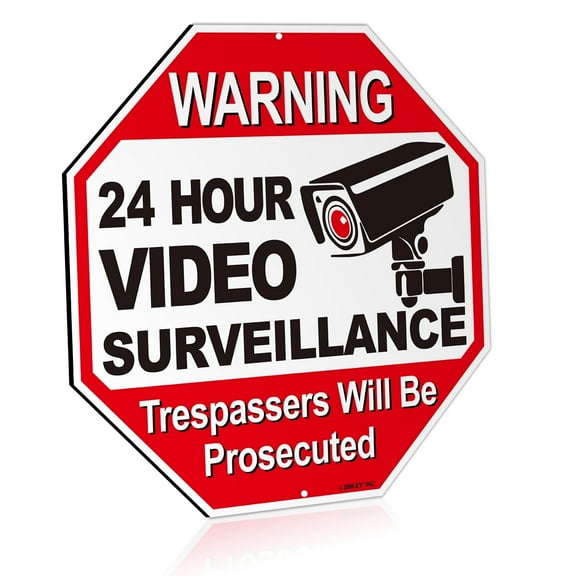 ANLEY 24 Hour Video Surveillance Aluminum Warning Sign, Trespassers Will Be Prosecuted - No Trespassing Security Alert - 12" x 12"