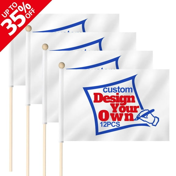 ANLEY Custom Miniature Stick Flag with Pointed Wood Pole - Customized Handheld Mini Flags Banners (1 Dozen)