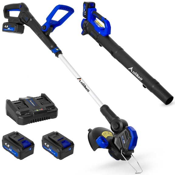 ANLIBATT 20V Cordless String Trimmer Edger & Leaf Blower Combo 12 Inch Weed Wacker 2x 4.0Ah Batteries Powered Dual Charger Grass Eater Lawn Yard Care