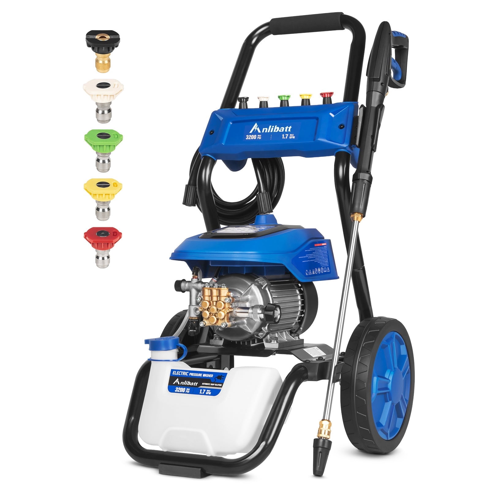 ANLIBATT Electric Pressure Washer 3200 PSI Max 1.7 GPM Heavy-Duty Brushless Motor Cold Water 5 Quick Nozzles 35ft Cord 25ft Hose Built-in Soap Tank