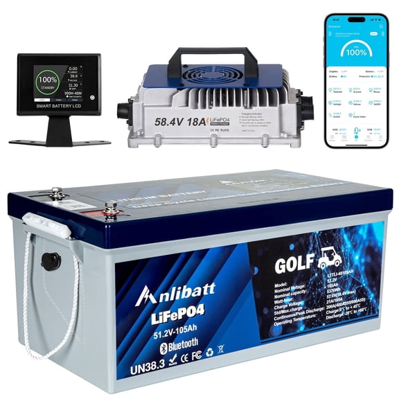 ANLIBATT Golf Cart LiFePO4 Battery 48V 105Ah Grade A Bluetooth Deep Cycles Rechargeable Lithium Battery with Built-in 200A BMS, LCD Display and Charger