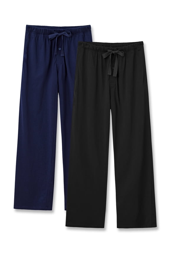 100% Cotton Mens Pajama Pants Lightweight Sleep Lounge Bottoms Elastic Waistband Button Fly With Pockets (Black/Navy Blue,L)
